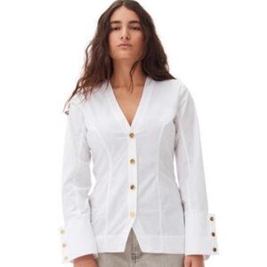NWT Ganni White Button-Front V-Neck Long Sleeve Top